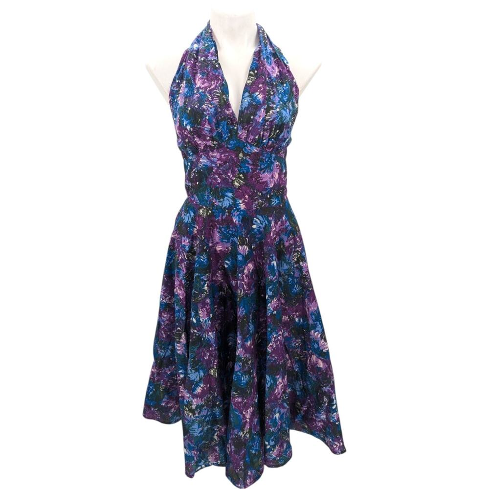Trashy Diva Doris Halter Dress Cool Watercolors Rhinestones Blue Purple Size 6